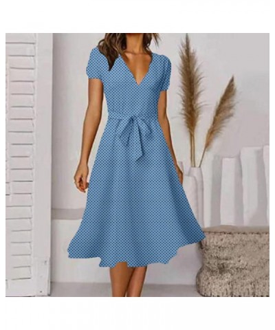 Summer Dresses for Women 2024 Casual V Neck Short Sleeve Solid Color Polka Dot Print Lace up Tie Vacation Beach Dress A-13 Bl...