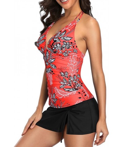 2 Piece Swimsuits for Women Tummy Control Tankini Top with Skirt Bottom Halter V Neck Bathing Suit Red Floral $18.24 Swimsuits