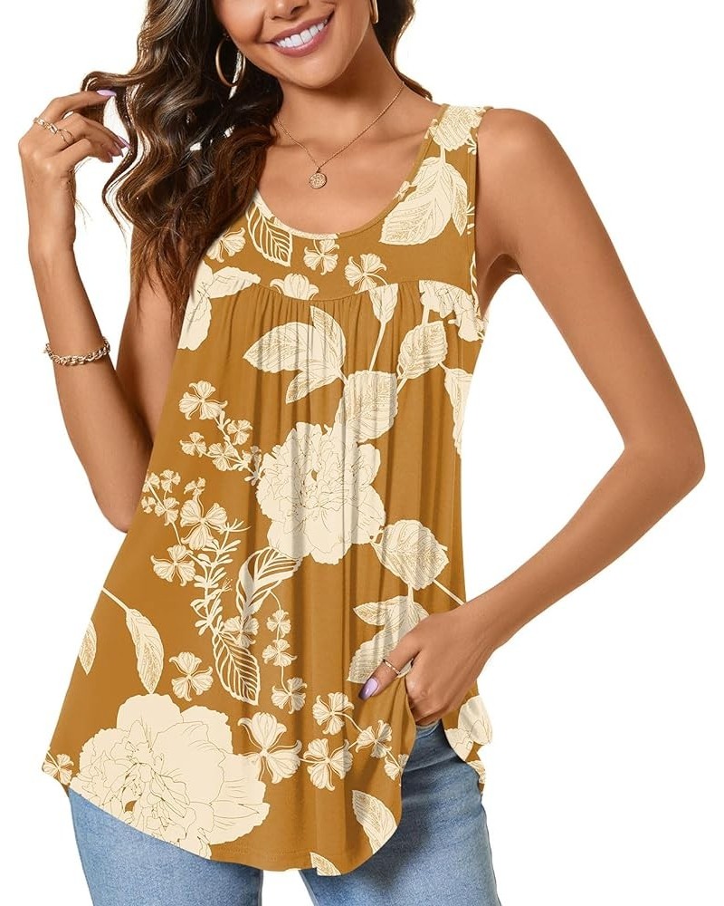 Women's 2023 Summer Sleeveless Tank Vest Casual Ruffle Tunic Top Loose Comfy Blouse T-Shirts Brown Hibiscus Flower $13.24 Tanks