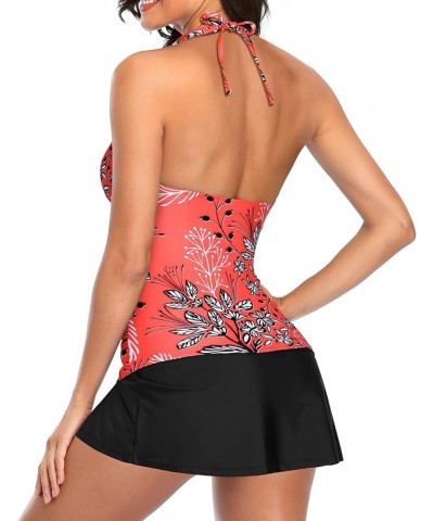 2 Piece Swimsuits for Women Tummy Control Tankini Top with Skirt Bottom Halter V Neck Bathing Suit Red Floral $18.24 Swimsuits