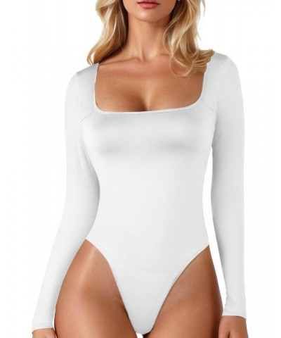 Women's Sexy Square Neck Bodysuit Long Sleeve Double Lined Shirt Tops Skirt Spanks Slip (White, L) $10.79 Lingerie