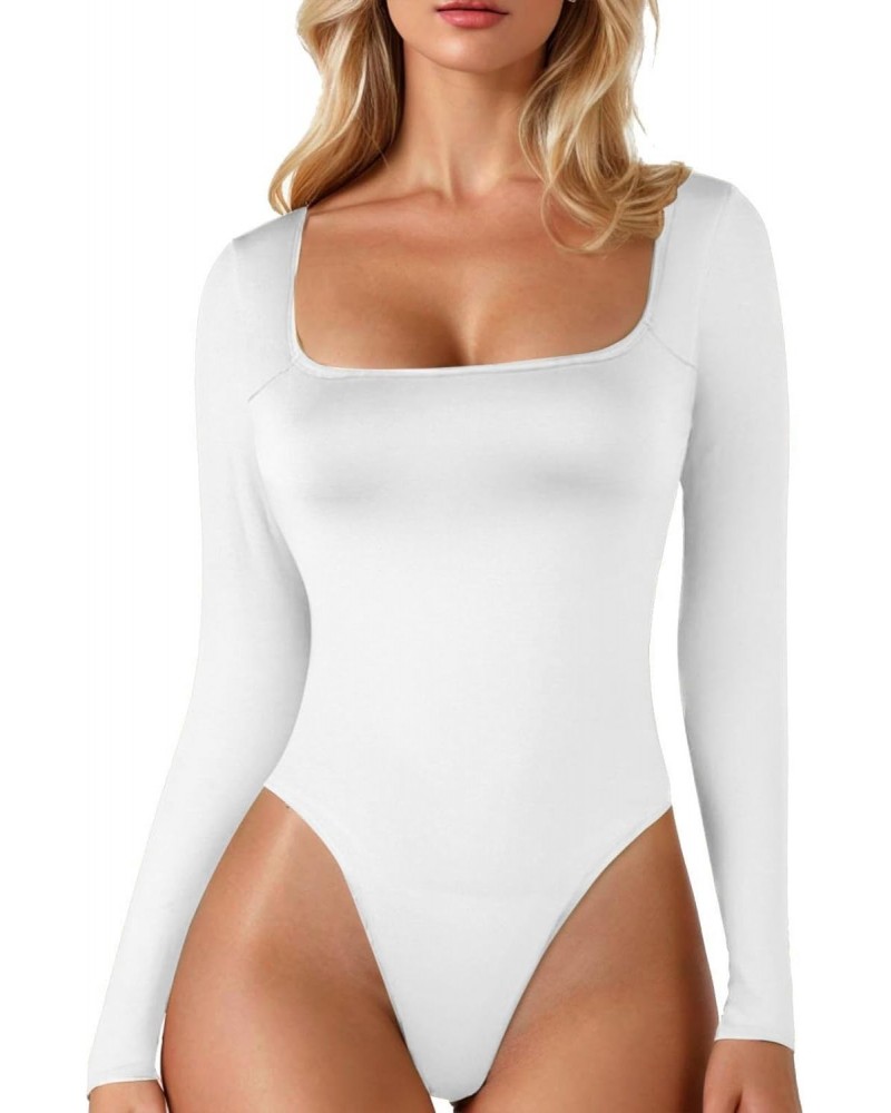 Women's Sexy Square Neck Bodysuit Long Sleeve Double Lined Shirt Tops Skirt Spanks Slip (White, L) $10.79 Lingerie