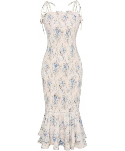 Women's 2024 Summer Floral Smocked Sundress Midi Bodycon Sleeveless Ruffle Hem Casual Dress Beige Light Blue Floral $15.40 Dr...