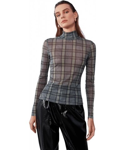 Women's Short Sleeve Print See Through Sheer Mesh Crop Top T Shirt Plaid Multicolor $11.19 T-Shirts