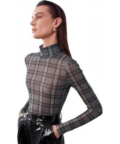 Women's Short Sleeve Print See Through Sheer Mesh Crop Top T Shirt Plaid Multicolor $11.19 T-Shirts