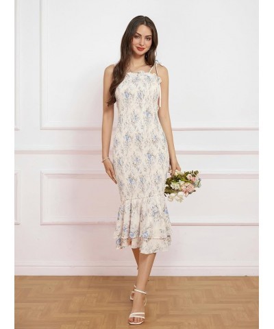 Women's 2024 Summer Floral Smocked Sundress Midi Bodycon Sleeveless Ruffle Hem Casual Dress Beige Light Blue Floral $15.40 Dr...