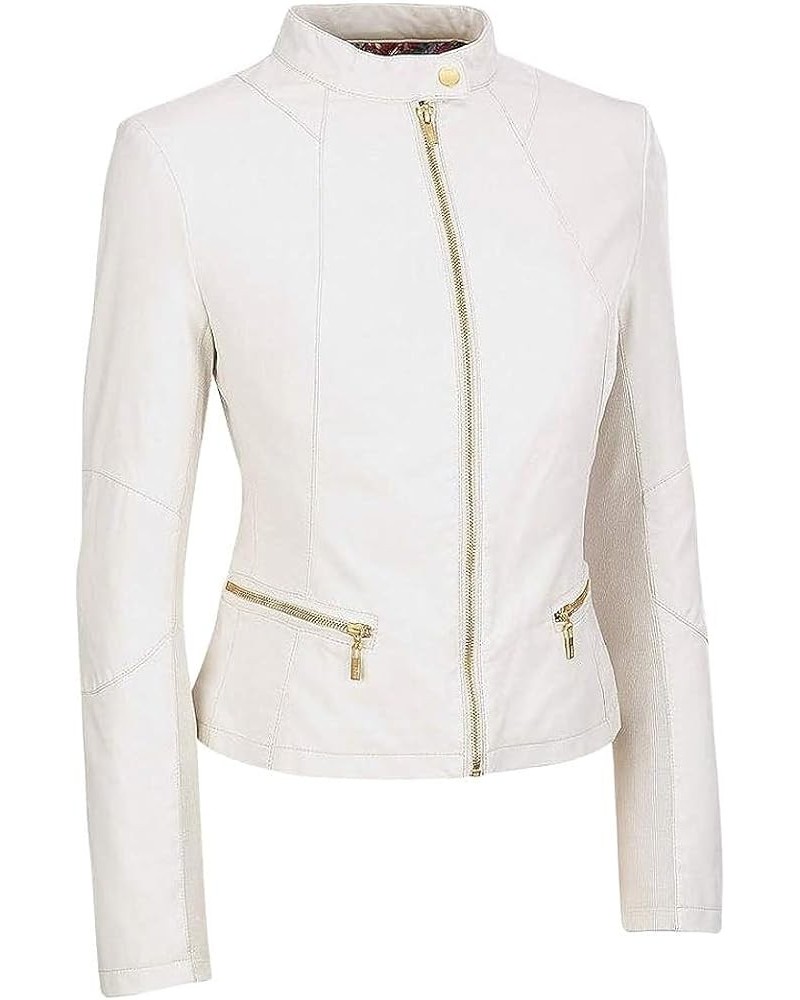 Women's Cafe Racer Genuine White Leather Slim fit Biker Jacket White $44.10 Coats