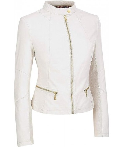 Women's Cafe Racer Genuine White Leather Slim fit Biker Jacket White $44.10 Coats