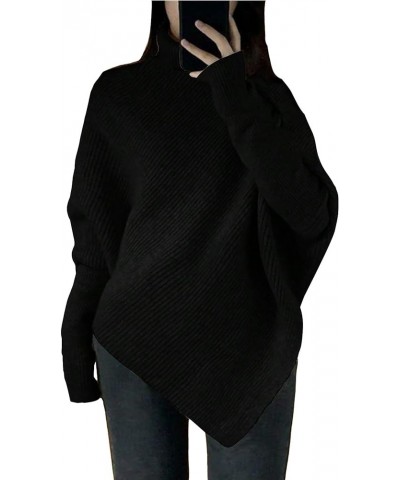 Women's Plus Size Turtleneck Dolman Sleeve Sweater Asymmetrical Hem Knit Top Pullover Tops Black $16.87 Sweaters