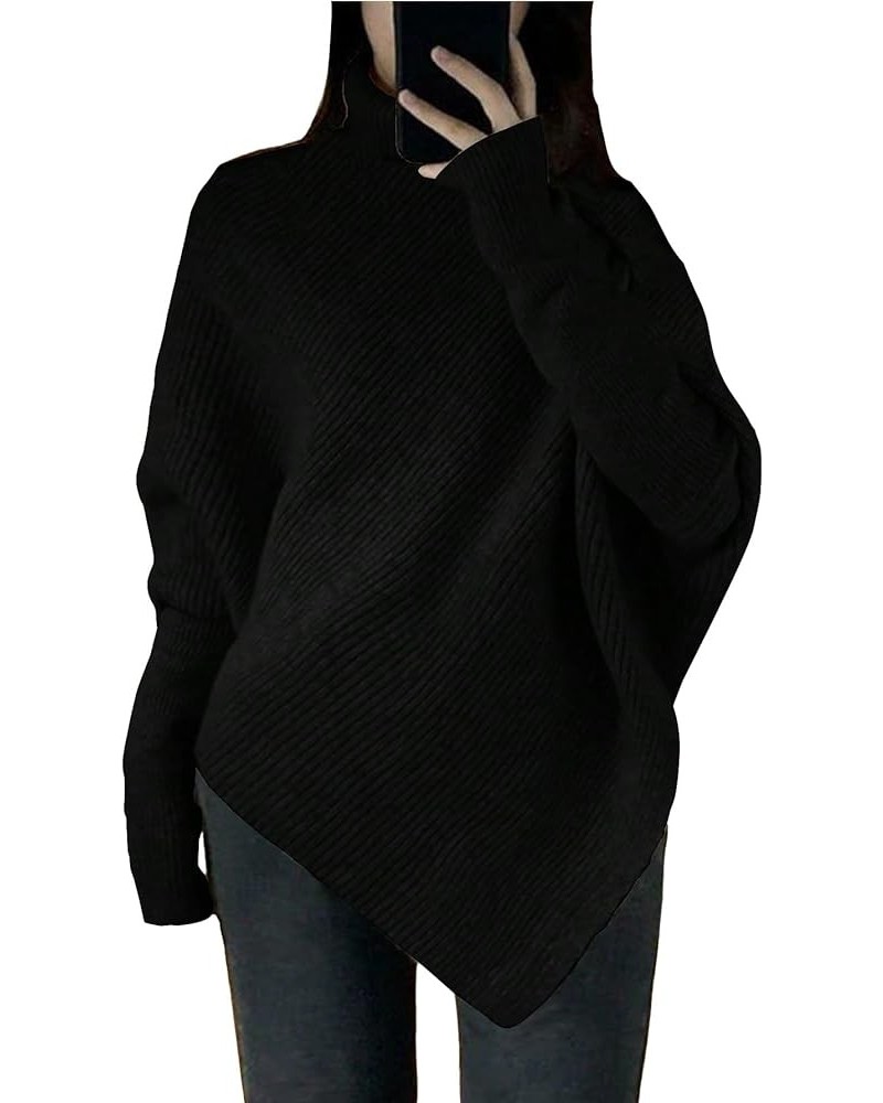 Women's Plus Size Turtleneck Dolman Sleeve Sweater Asymmetrical Hem Knit Top Pullover Tops Black $16.87 Sweaters