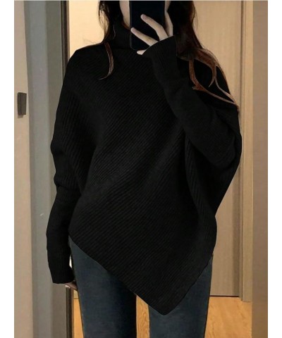 Women's Plus Size Turtleneck Dolman Sleeve Sweater Asymmetrical Hem Knit Top Pullover Tops Black $16.87 Sweaters