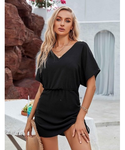 Womens Swimsuit Cover Ups V Neck Bathing Suits Short Sleeve Bikini Coverup Swimwear A-Solid Color Black12 $12.39 Swimsuits