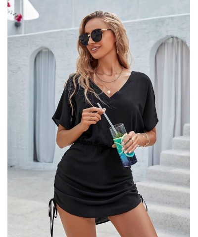 Womens Swimsuit Cover Ups V Neck Bathing Suits Short Sleeve Bikini Coverup Swimwear A-Solid Color Black12 $12.39 Swimsuits