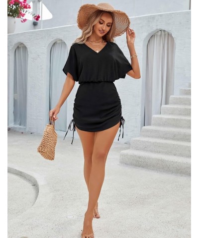 Womens Swimsuit Cover Ups V Neck Bathing Suits Short Sleeve Bikini Coverup Swimwear A-Solid Color Black12 $12.39 Swimsuits