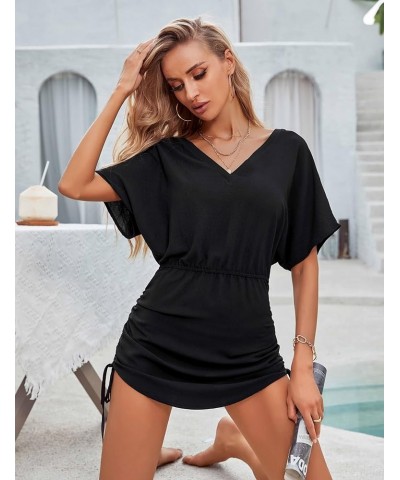 Womens Swimsuit Cover Ups V Neck Bathing Suits Short Sleeve Bikini Coverup Swimwear A-Solid Color Black12 $12.39 Swimsuits