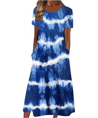 Casual Dresses Women's Summer Maxi Dress Round Neck Short Sleeve Classic Print Pleated Flowy Sundress with Pockets 07-blue $1...