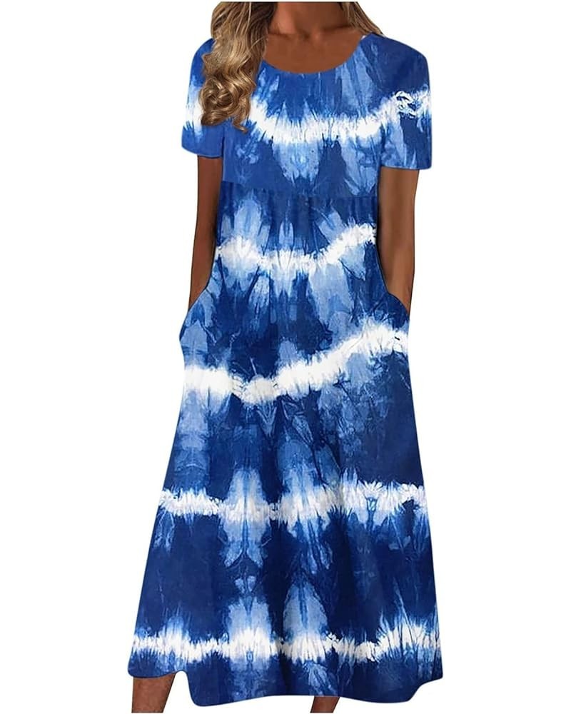 Casual Dresses Women's Summer Maxi Dress Round Neck Short Sleeve Classic Print Pleated Flowy Sundress with Pockets 07-blue $1...