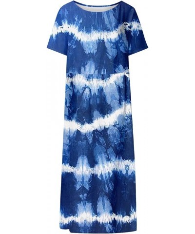 Casual Dresses Women's Summer Maxi Dress Round Neck Short Sleeve Classic Print Pleated Flowy Sundress with Pockets 07-blue $1...