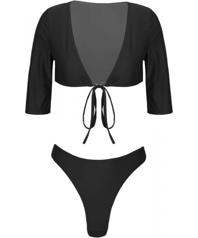 Women Deep V Bikini Swimsuit Half Sleeve Tie Front Top with Thong Briefs 2 Pcs Bathing Suit Black $6.35 Swimsuits