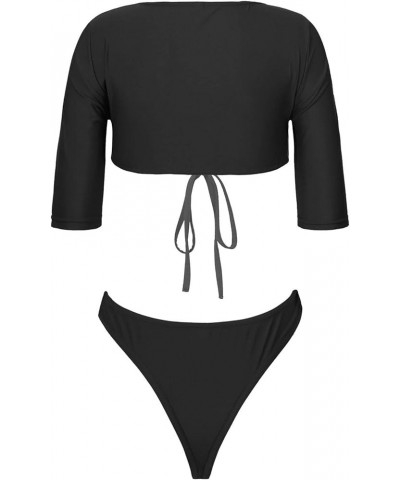 Women Deep V Bikini Swimsuit Half Sleeve Tie Front Top with Thong Briefs 2 Pcs Bathing Suit Black $6.35 Swimsuits