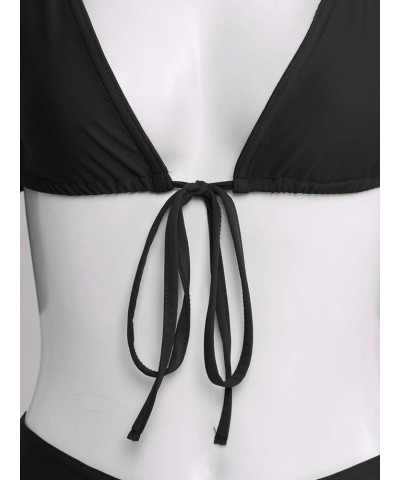 Women Deep V Bikini Swimsuit Half Sleeve Tie Front Top with Thong Briefs 2 Pcs Bathing Suit Black $6.35 Swimsuits