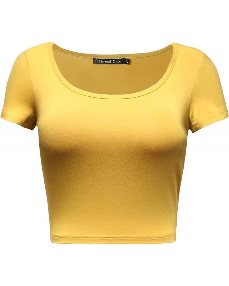 Women's Basic Crop Tops Stretchy Casual Scoop Neck Cap Sleeve Shirt Mustard $11.79 Tanks
