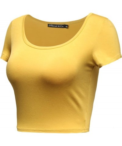 Women's Basic Crop Tops Stretchy Casual Scoop Neck Cap Sleeve Shirt Mustard $11.79 Tanks