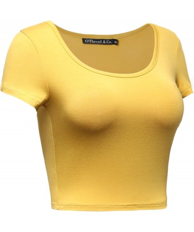 Women's Basic Crop Tops Stretchy Casual Scoop Neck Cap Sleeve Shirt Mustard $11.79 Tanks