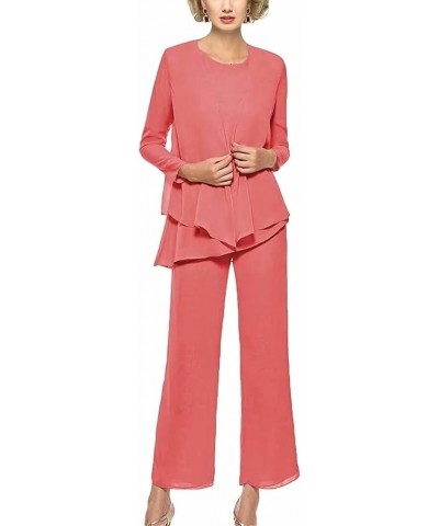 Women's 3 Pieces Mother of The Bride Pantsuits for Wedding Chiffon Formal Evening Outfit Set with Jackets Coral $32.43 Suits