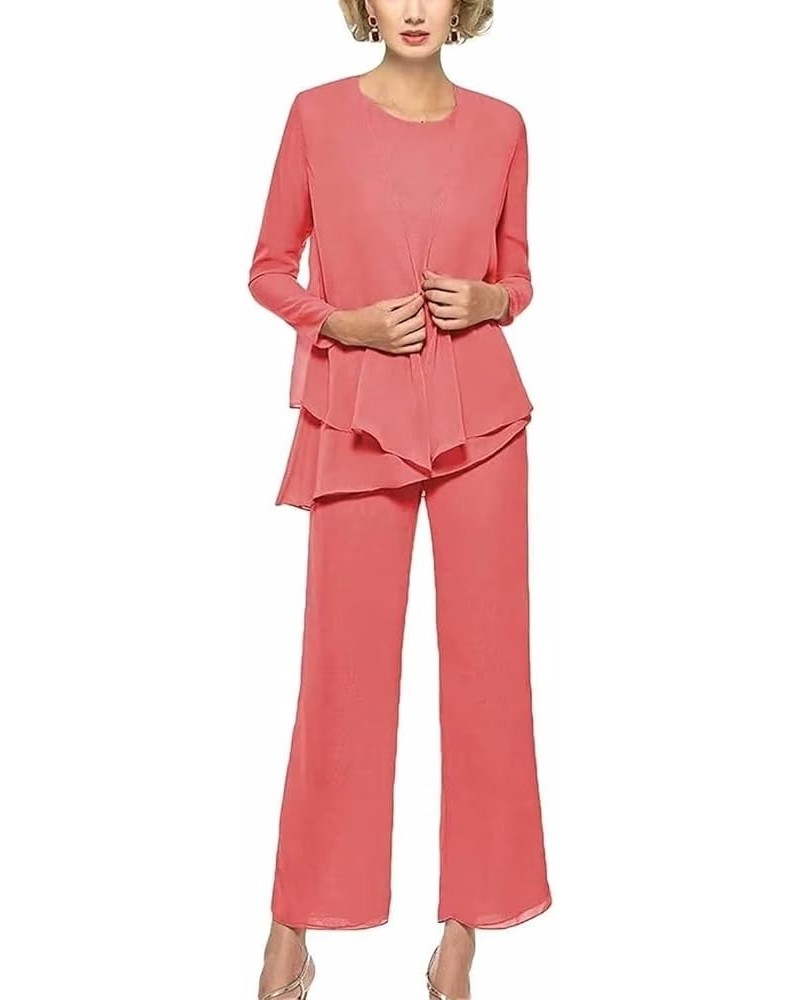 Women's 3 Pieces Mother of The Bride Pantsuits for Wedding Chiffon Formal Evening Outfit Set with Jackets Coral $32.43 Suits