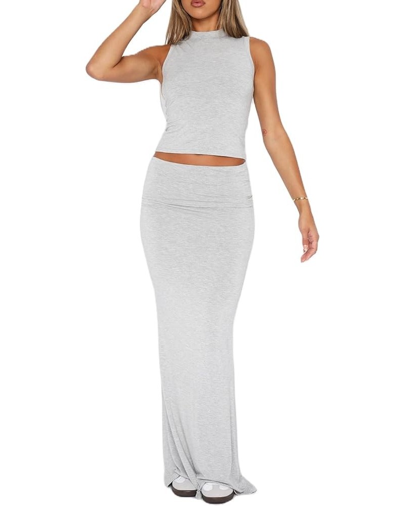 Women 2 Piece Bodycon Outfits Sleeveless Crop Tank Top Fold Over Maxi Pencil Skirt Sets Y2k Sexy Matching Suit Aa Gray $10.79...