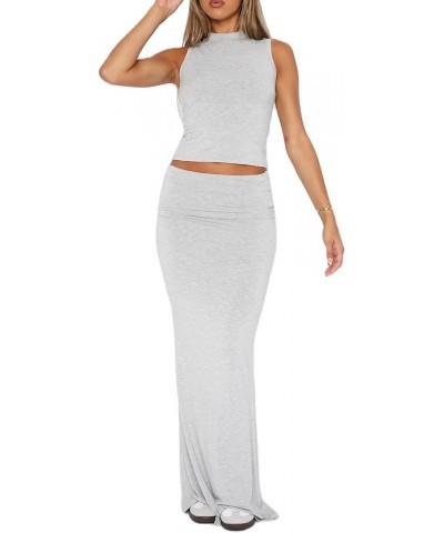Women 2 Piece Bodycon Outfits Sleeveless Crop Tank Top Fold Over Maxi Pencil Skirt Sets Y2k Sexy Matching Suit Aa Gray $10.79...