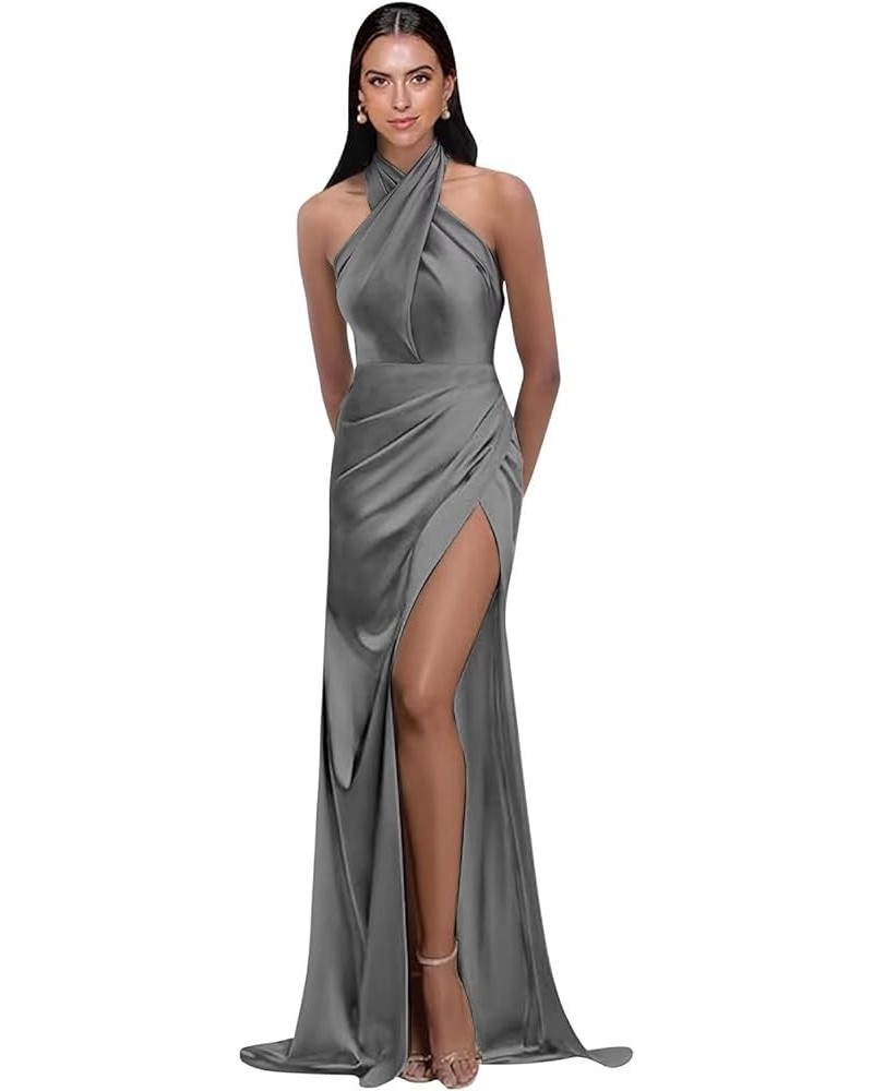 Halter Prom Dresses Long 2024 Satin Pleats Bridesmaid Dresses with Slit Mermaid Formal Dresses Grey $30.15 Dresses