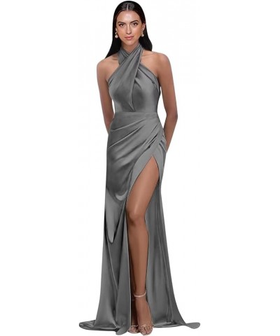 Halter Prom Dresses Long 2024 Satin Pleats Bridesmaid Dresses with Slit Mermaid Formal Dresses Grey $30.15 Dresses