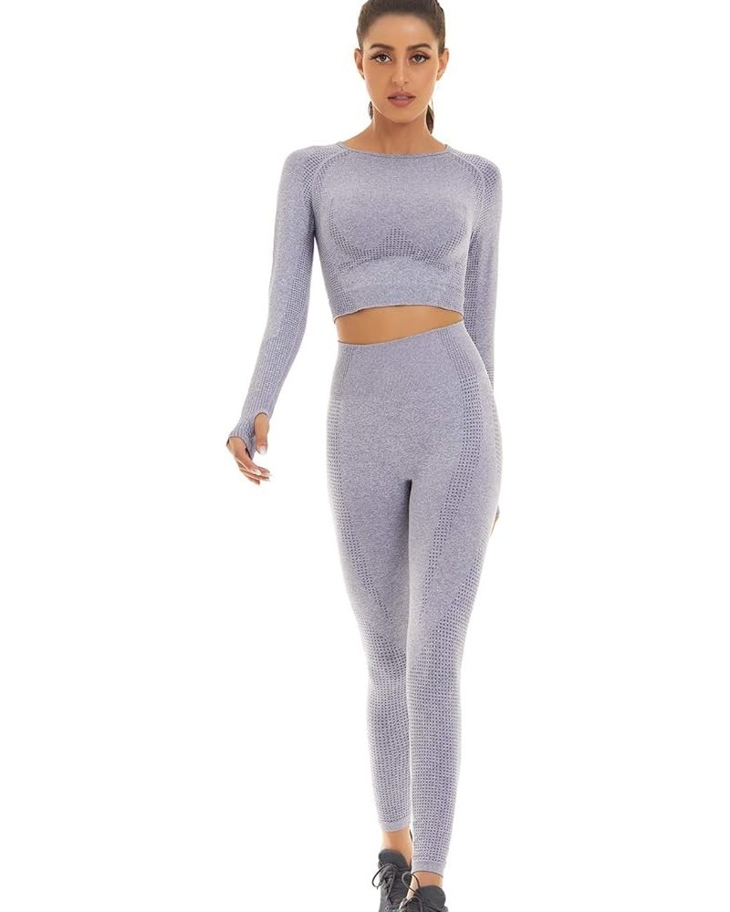 Women Seamless Workout Outfits Athletic Set Leggings + Long Sleeve Top Gray Blue $15.36 Activewear