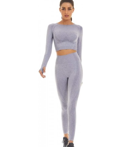 Women Seamless Workout Outfits Athletic Set Leggings + Long Sleeve Top Gray Blue $15.36 Activewear