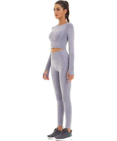 Women Seamless Workout Outfits Athletic Set Leggings + Long Sleeve Top Gray Blue $15.36 Activewear