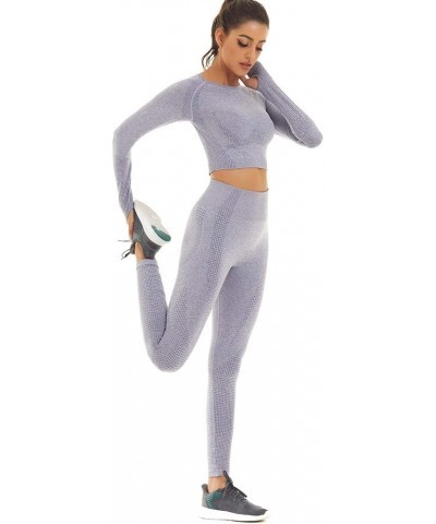 Women Seamless Workout Outfits Athletic Set Leggings + Long Sleeve Top Gray Blue $15.36 Activewear