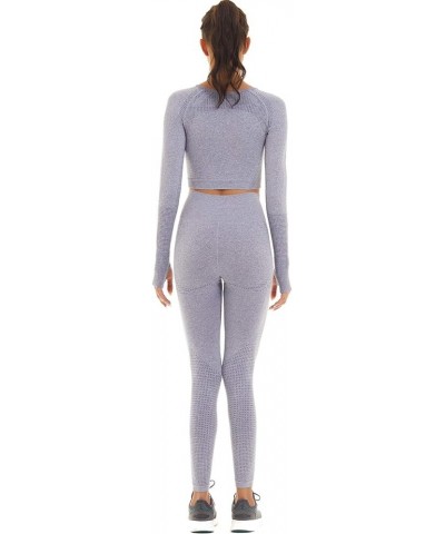 Women Seamless Workout Outfits Athletic Set Leggings + Long Sleeve Top Gray Blue $15.36 Activewear