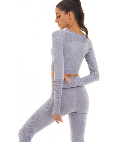 Women Seamless Workout Outfits Athletic Set Leggings + Long Sleeve Top Gray Blue $15.36 Activewear