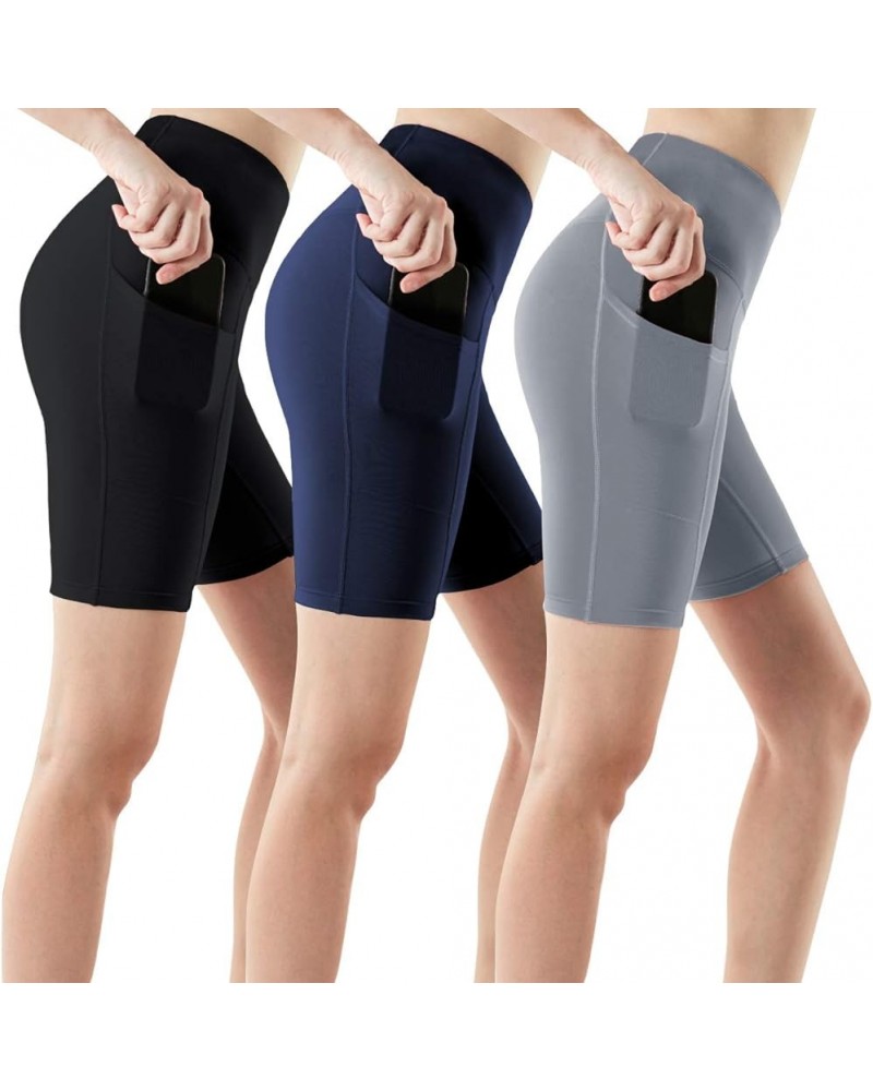 1, 2 or 3 Pack Women's High Waist Tummy Control Yoga Shorts, Workout Exercise Shorts, Running Shorts w Pocket 8inch Pocket 3p...