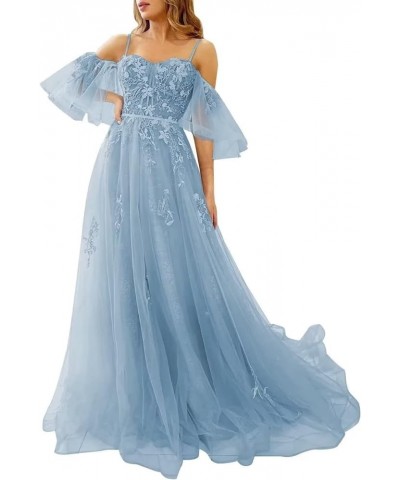 Lace Applique Tulle Prom Dresses Off Shoulder Puffy Sleeve Wedding Dress Long Women Sweetheart A Line Gowns Dusty Blue $40.75...