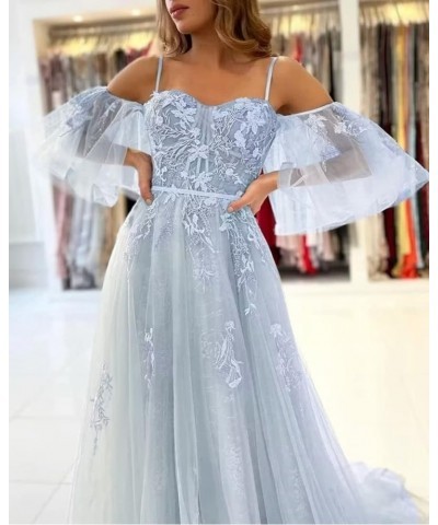 Lace Applique Tulle Prom Dresses Off Shoulder Puffy Sleeve Wedding Dress Long Women Sweetheart A Line Gowns Dusty Blue $40.75...