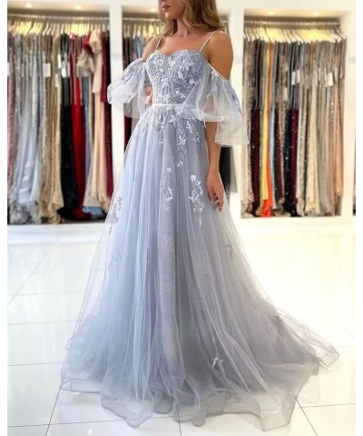 Lace Applique Tulle Prom Dresses Off Shoulder Puffy Sleeve Wedding Dress Long Women Sweetheart A Line Gowns Dusty Blue $40.75...