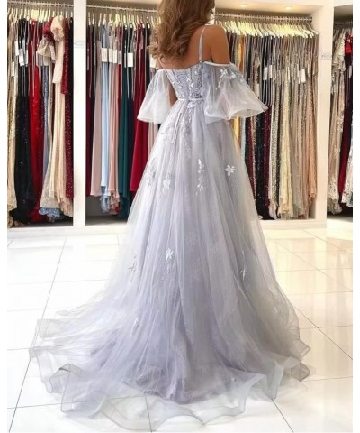 Lace Applique Tulle Prom Dresses Off Shoulder Puffy Sleeve Wedding Dress Long Women Sweetheart A Line Gowns Dusty Blue $40.75...