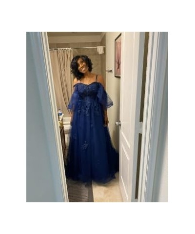 Lace Applique Tulle Prom Dresses Off Shoulder Puffy Sleeve Wedding Dress Long Women Sweetheart A Line Gowns Dusty Blue $40.75...