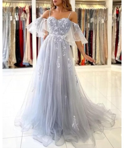 Lace Applique Tulle Prom Dresses Off Shoulder Puffy Sleeve Wedding Dress Long Women Sweetheart A Line Gowns Dusty Blue $40.75...