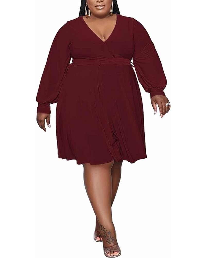 Womens Elegant Plus Size Wrap V Neck Long Sleeve Spring Belt Ruffle Midi Dresses Work Party Casual Dress Wine Red $24.36 Dresses