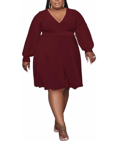 Womens Elegant Plus Size Wrap V Neck Long Sleeve Spring Belt Ruffle Midi Dresses Work Party Casual Dress Wine Red $24.36 Dresses