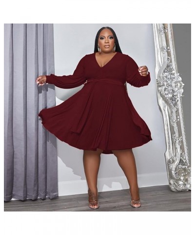 Womens Elegant Plus Size Wrap V Neck Long Sleeve Spring Belt Ruffle Midi Dresses Work Party Casual Dress Wine Red $24.36 Dresses